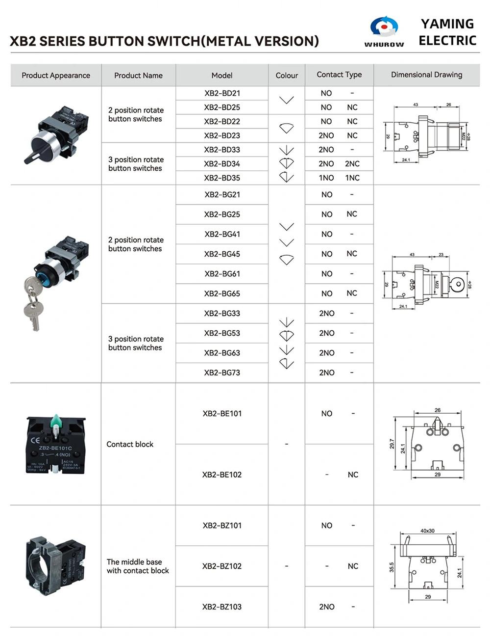 XB2-BG Key Reset Self-locking Two-Three Position Knob Rotary Switch